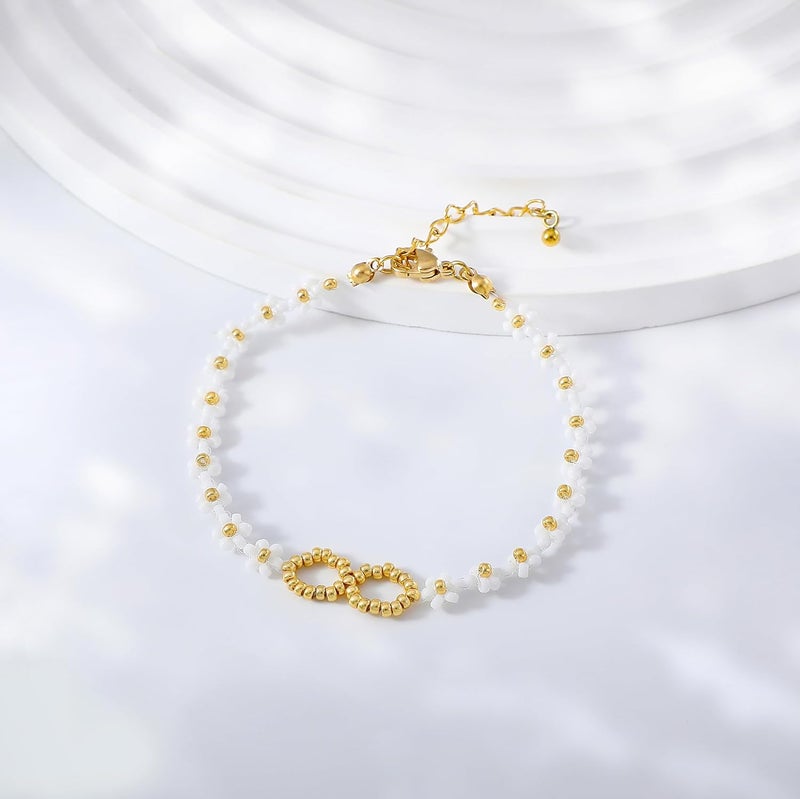 Pymach Store Dainty Gold Plated Pearl Crystal Beaded Bracelets Set for Women 14K Gold Plated Bead Pearl Beads Bracelet Stackable Paperclip Link Chain Bracelets Gold Plated Bracelets for Women Trendy Jewelry - Image 4